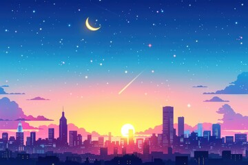 Illustration of a starry night sky with a crescent moon and shooting star above a vibrant city skyline at dusk.