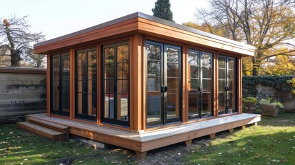 Fototapeta premium wooden Craftsman-style outdoor study or office pod, featuring large windows and insulation for year-round use