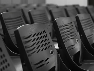 A row of black plastic chairs with holes in the back are lined up in a room