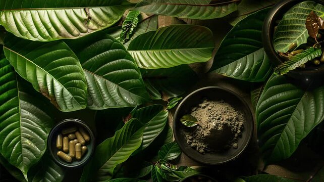 A still life arrangement featuring Kratom powder, fresh green leaves, and capsules. Alternative medicinal use of Kratom, a tropical tree, often used in traditional medicine.