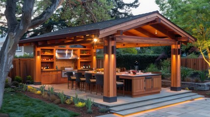 Naklejka premium wooden Craftsman-style outdoor dining pavilion, featuring a built-in buffet and adjustable lighting, perfect for hosting dinner parties in a garden setting