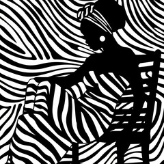 A woman in a chair sits against a black and white zebra stripe background