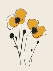 Naklejka premium A minimalist line drawing of three yellow flowers with black stems and buds on a light beige background