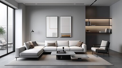 Illustrate a minimalist interior scene with ink artworks, books, and refined decor copy space for text, focus cover all adject, deep dept of field, nodust