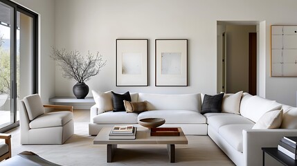 Fototapeta premium Craft a serene living environment showcasing ink paintings, books, and understated decor elements copy space for text, focus cover all adject, deep dept of field, nodust