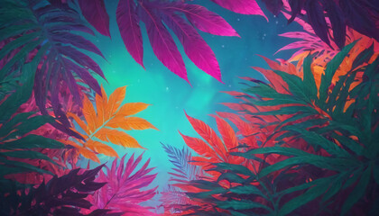 Fototapeta premium palm leaves and jungle vegetation illuminated in gradient color, background for text