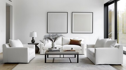Illustrate a tranquil living space featuring ink artworks, books, and minimalist decor accents copy space for text, focus cover all adject, deep dept of field, nodust