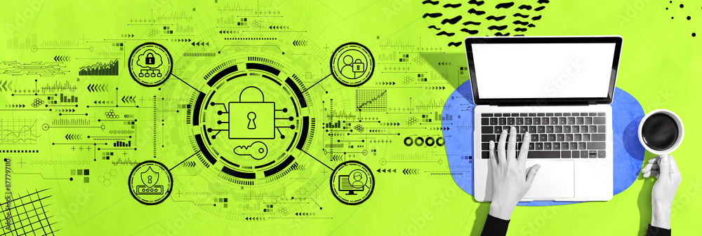 Wall mural data security concept with person using a laptop computer