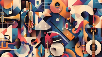 a geometric background with various musical instruments like trumpet, drum, and cello