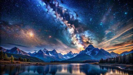 Celestial vastness of dark blue sky with scattered stars, majestic mountains, and serene landscape against a dramatic atmospheric backdrop.