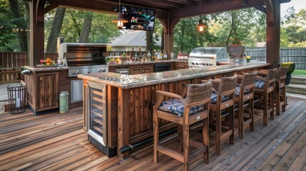 wooden Craftsman-style outdoor kitchen bar, designed with a built-in grill, refrigerator, and bar seating, perfect for hosting outdoor events