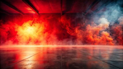 Dramatic high-contrast scene featuring a sleek concrete floor set against a fiery red smoke background with smooth gradient effects.