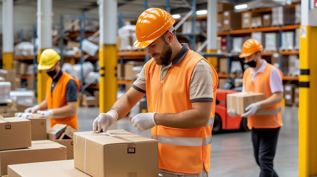 Workers organizing packages in a warehouse, commerce, teamwork, logistics