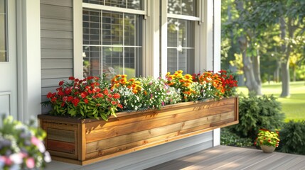 wooden Craftsman-style planter box for a front porch, designed to hold seasonal flowers and enhance curb appeal