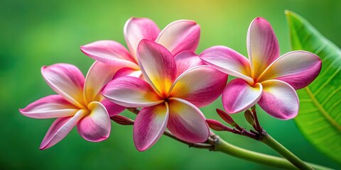 Fototapeta premium Delicate pink petals of the exotic frangipani flower unfold like silk ribbons,draping gently around a slender stem,contrastingly set against a soft green backdrop.