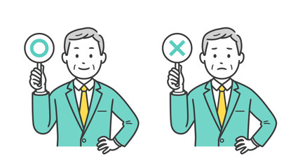 まるばつの札を持ち腰に手を当てる高齢男性ビジネスマンの上半身イラスト素材
