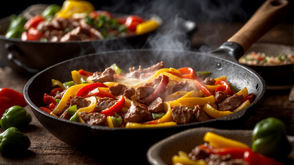 sizzling skillet of fajitas, showcasing strips of tender beef or chicken searing with bell peppers and onions
