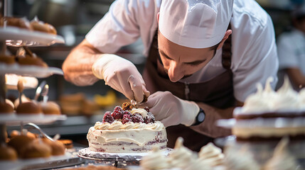 A baker decorating a cake. baker decorating cake pastry icing kitchen professional food dessert sweet.