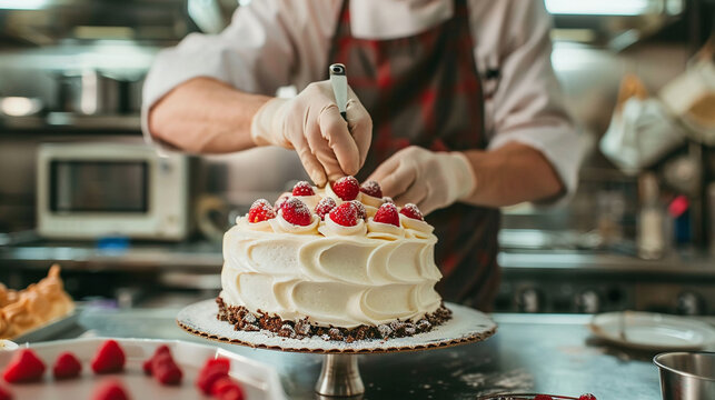 A baker decorating a cake. baker decorating cake pastry icing kitchen professional food dessert sweet.