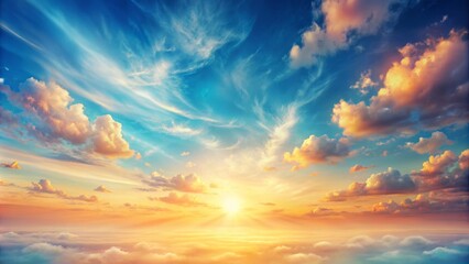 Fototapeta premium Vibrant serenity exudes from a radiant digital background featuring a warm light blue sky with subtle clouds and gentle gradations.