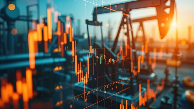 The image showcases an industrial scene with an oil pumpjack in the background and superimposed digital financial data and stock market graphs