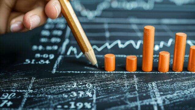 A close-up image depicting a hand holding a pencil, analyzing a bar graph with orange bars on a blackboard. conveying concepts of data analysis, statistics, financial performance, and visualization.