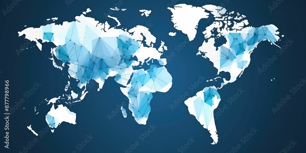 Poster digital world map in low poly design with network lines on a dark background. global network and con