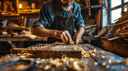 A craftsman in a workshop. craftsman workshop tools craft wood handmade skill work art creation.