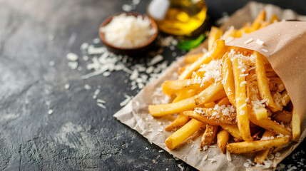 French fries topped with truffle oil and Parmesan cheese, National French Fry Day with copy space