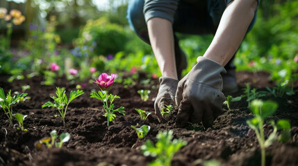 Fototapeta premium A gardener planting flowers. gardener planting flowers garden nature soil tools outdoors green horticulture.