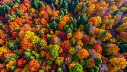 Vibrant autumn colors illuminate a dense forest as a drone captures breathtaking aerial views of nature's kaleidoscopic transformation.