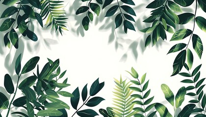 A beautiful arrangement of tropical leaves against a white background with soft shadows.
