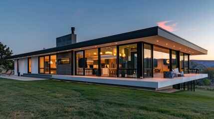 Obraz premium ultra-modern ranch home with floor-to-ceiling windows and a sleek black and white exterior