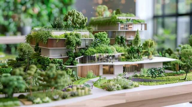 Urban planners design sustainable city models featuring eco-friendly green spaces and community gardens, integrating lush vegetation around energy-efficient residential house for a sustainable future.