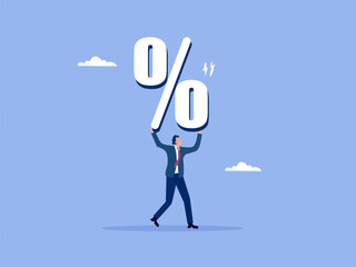 Percentage or interest rate, debt burden, fees to pay off, saving or compound interest earning, financial profit, discount price reduction, promotion concept, businessman carry heavy percentage sign.