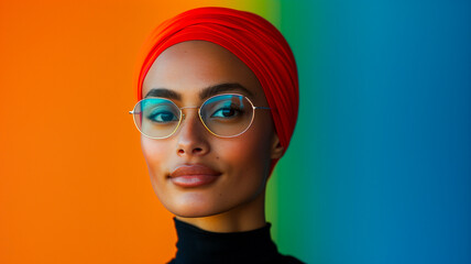 An evocative portrait of a Muslim transgender person, highlighting their unique identity through a blend of cultural symbols and modern elements, celebrating diversity and inclusivity