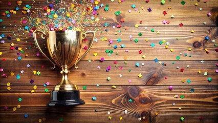 Colorful confetti explosion on a wooden desk with a trophy, certificates, and a banner reading appreciation day, celebrating employee achievements and milestones.