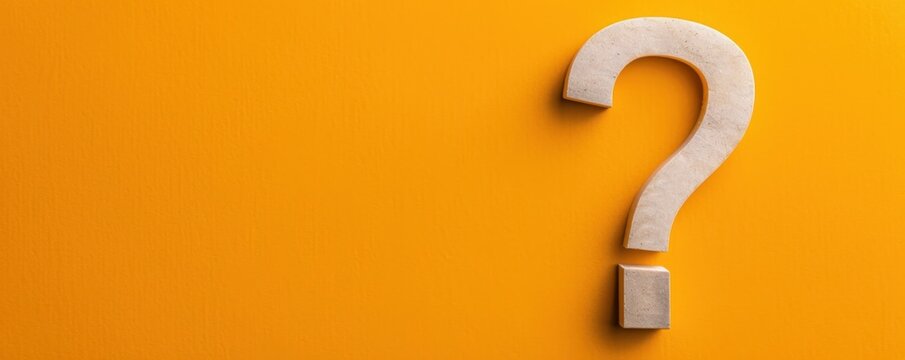 Minimalistic image of a white question mark on a vibrant yellow background, symbolizing inquiry, uncertainty, and curiosity.