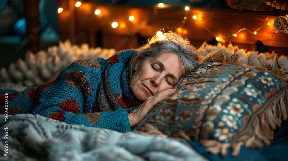 Poster 3d character senior woman using a wearable device to monitor sleep patterns Stock Photo with copy space