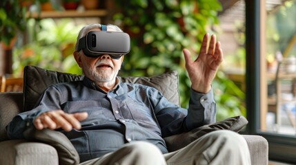 3d character elderly man exploring virtual reality with a headset Stock Photo with copy space