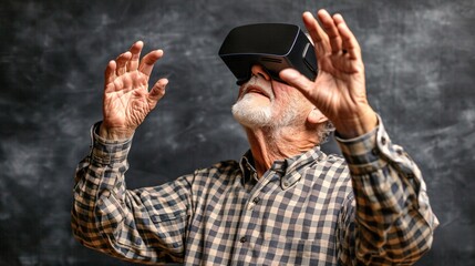 3d character elderly man exploring virtual reality with a headset Stock Photo with copy space