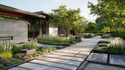 Fototapeta premium contemporary suburban ranch with a geometric garden design, featuring symmetrical plant beds and stone pathways