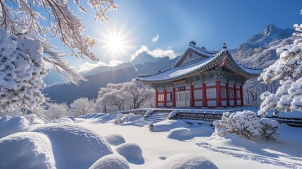 Naklejka premium Snowy Mountain Temple under a Bright Sun