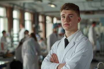 Fototapeta premium Caucasian medical student stands in a training ward