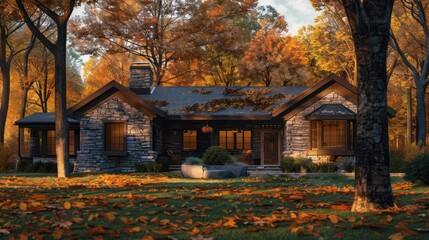 cozy suburban ranch with a stone facade, surrounded by autumn-colored trees