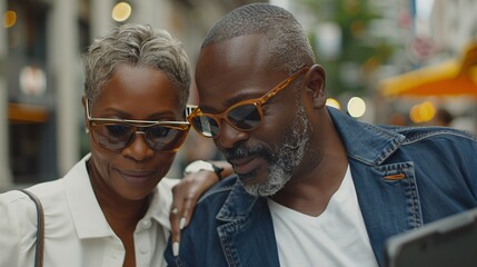 Elderly couple attending an online class on a shared device Stock Photo with copy space