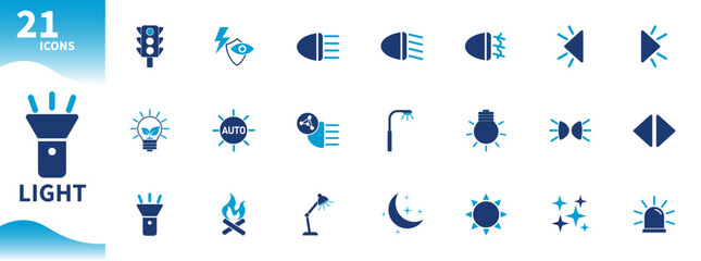 Lamp and light icon. Set of icons for car lights, table lamps, fire, flashlight, sun,...