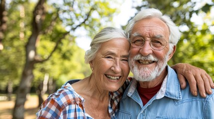 Senior couple sharing photos via a smartphone Stock Photo with copy space