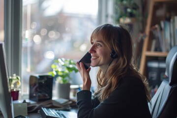 Fototapeta premium Happy businesswoman discussing a project on a phone call while working in her office