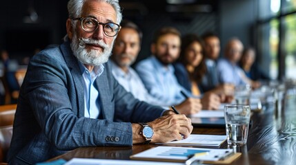 Senior man participating in an online meeting via tablet Stock Photo with copy space